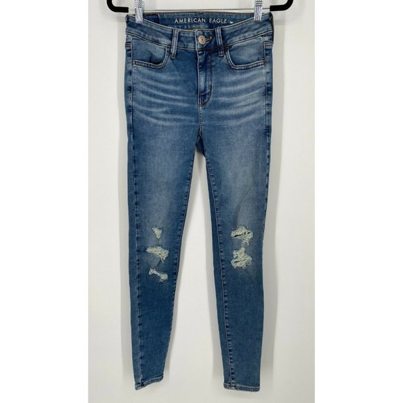American Eagle Hi-Rise Jegging Jeans Womens Size 2 Stretch Distressed Denim Blue - Picture 1 of 12